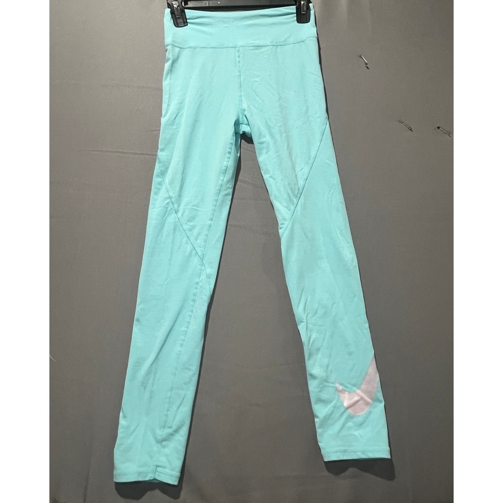 Nike Kids Dri-FIT Leggings Aqua Blue Silver Swoosh Athletic Tights Pants Large